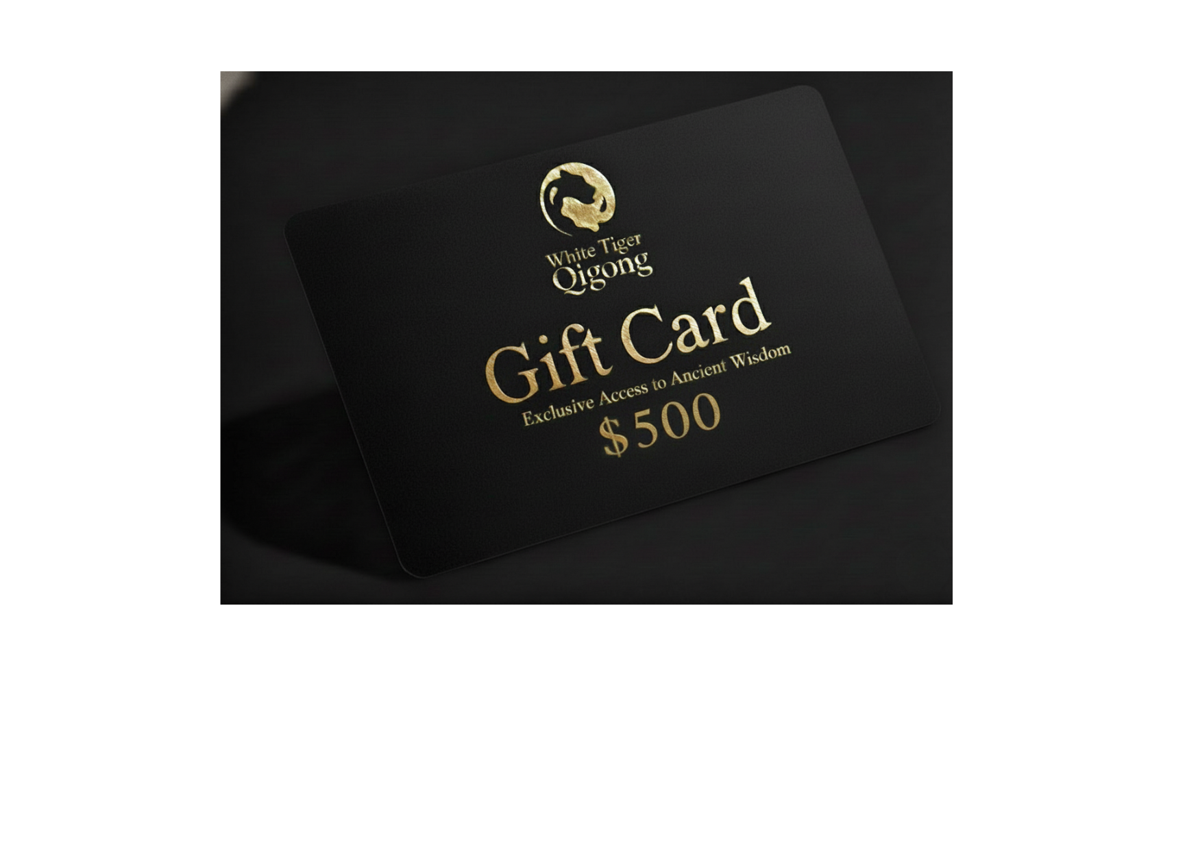 Black gift card with gold text and logo on a dark background
