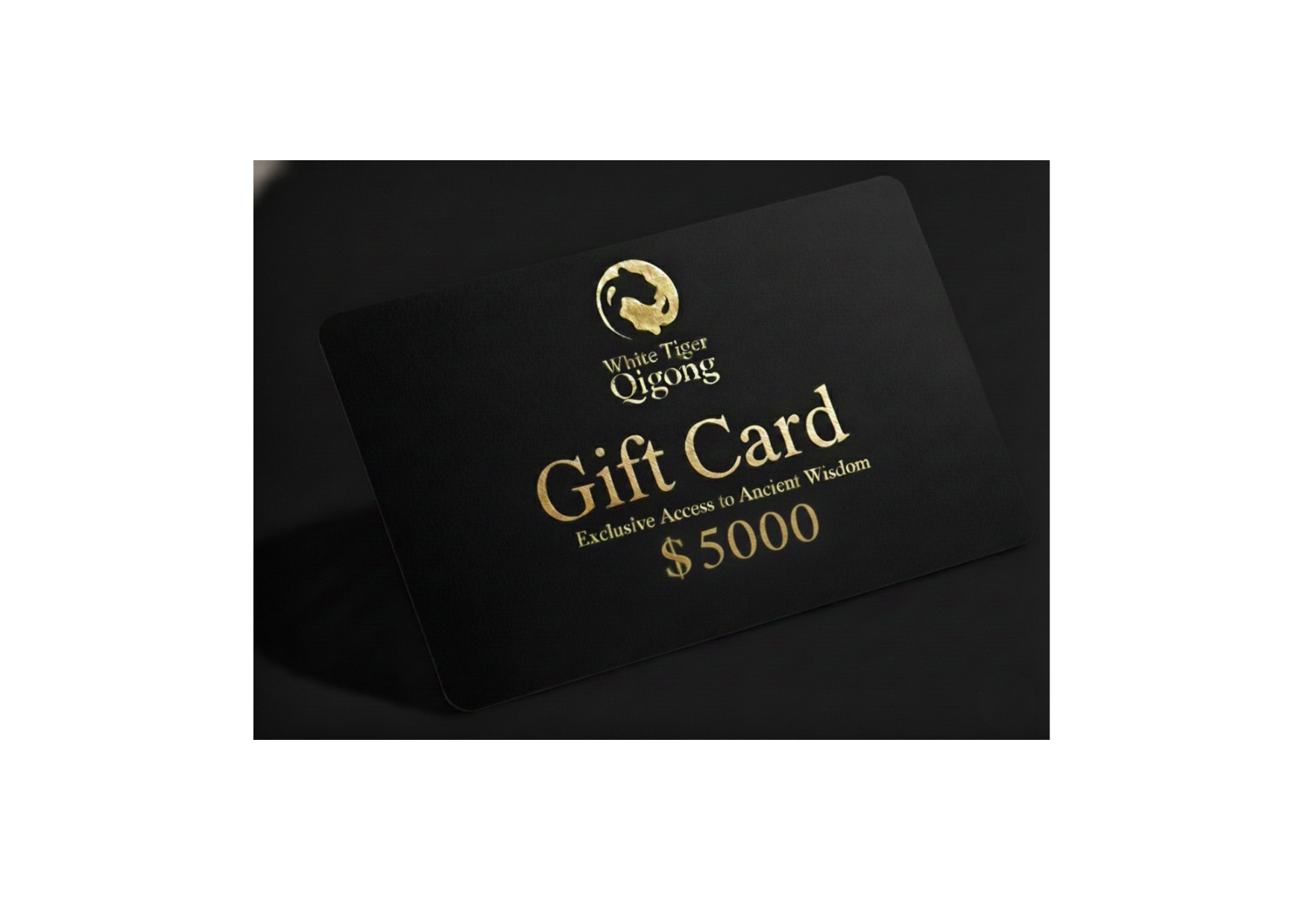 Black gift card with gold text and logo on a dark background