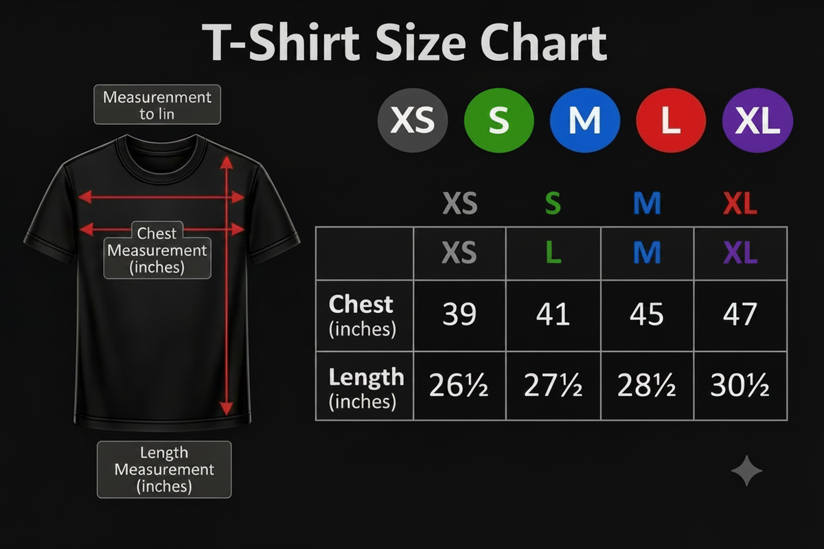T-shirt size chart graphic with a black T-shirt illustration showing chest and length measurement arrows, size labels XS through XL, and a measurement table on a dark background.