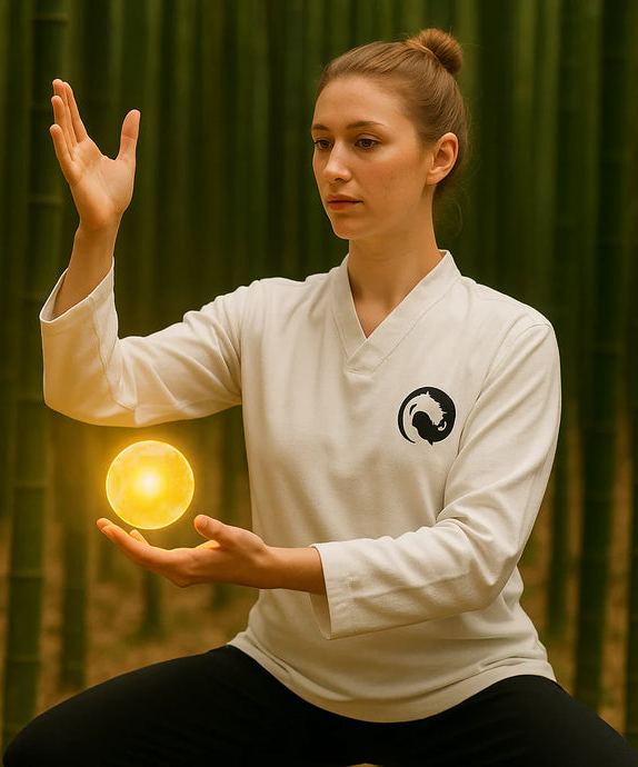 Person in a white martial arts uniform with a glowing yellow ball in front of a green curtain