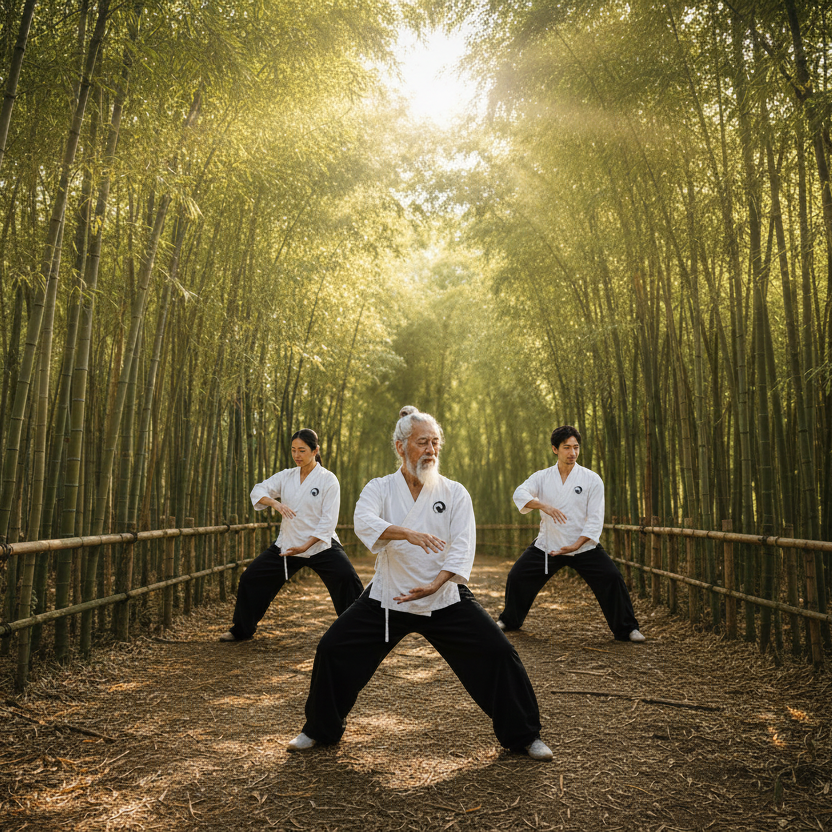 Three martial artists in white karate gi and black pants practicing a yoga-like stance in a bamboo forest.