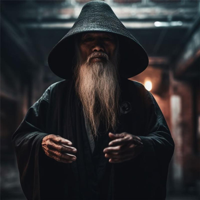 Man in dark hooded robe with long beard in dimly lit setting