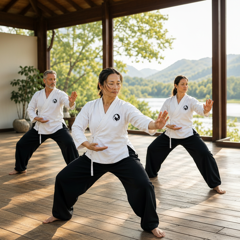Three people in white martial arts uniforms practicing in a natural setting with mountains and trees.