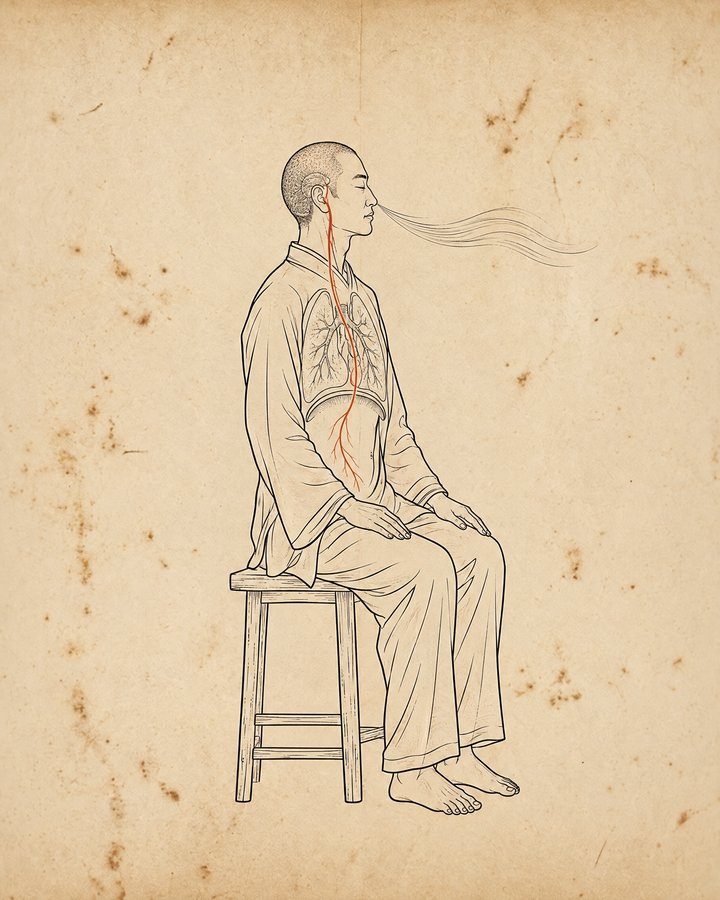 Chart of a seated figure breathing out slowly, showing the lungs, the diaphragm and the vagus nerve