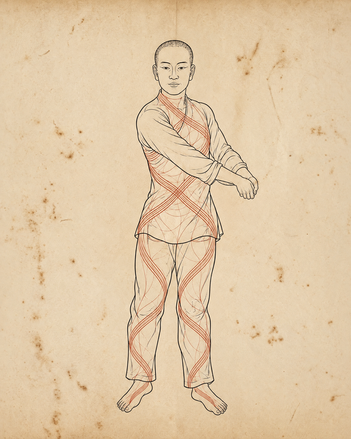 Chart of the body showing fascia as spiral lines that wrap the torso and legs during a twisting qigong movement