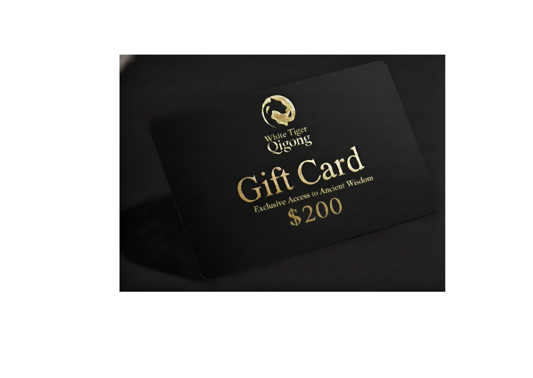 Black gift card with gold text and logo on a dark background