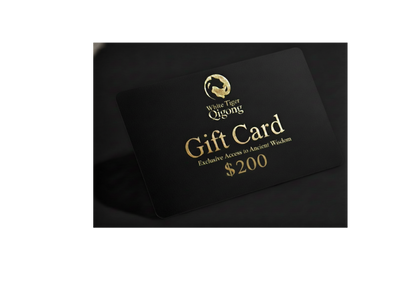 Black gift card with gold text and logo on a dark background