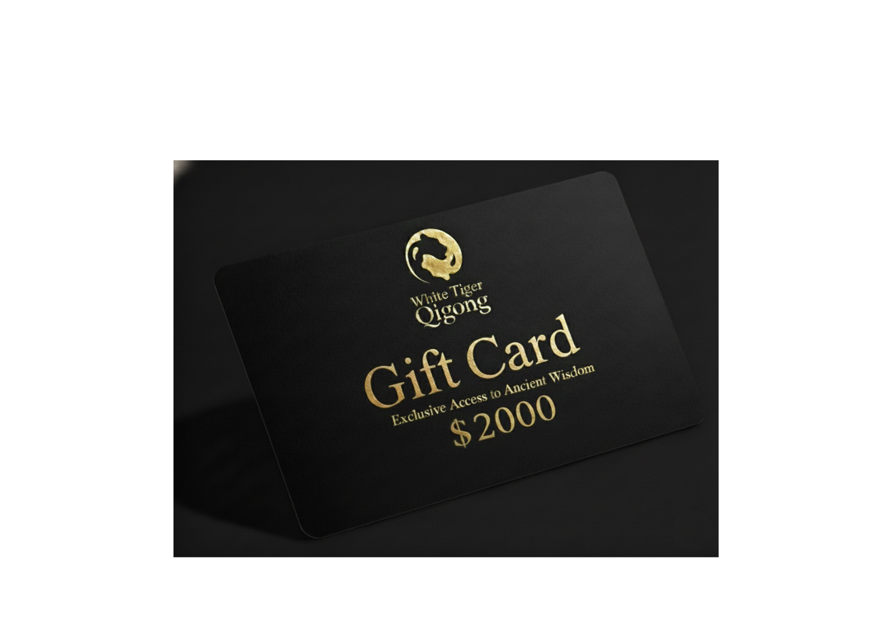 Black gift card with gold text and logo on a white background