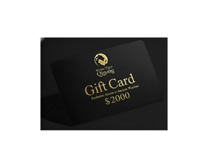 Black gift card with gold text and logo on a white background