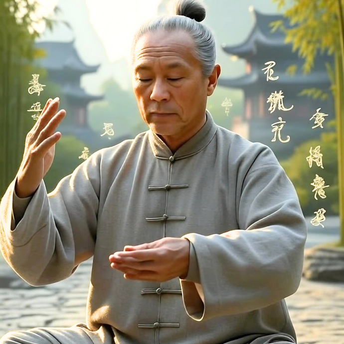 Man in traditional attire practicing tai chi with classical Chinese architecture in the background