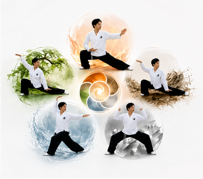 A collage of five circular action shots of a man in a white martial arts uniform performing a low martial arts pose, set against stylized backgrounds of green water, orange fire, brown earth, blue ice, and silver crystal, with a central multi-colored spiral symbol on a white background.