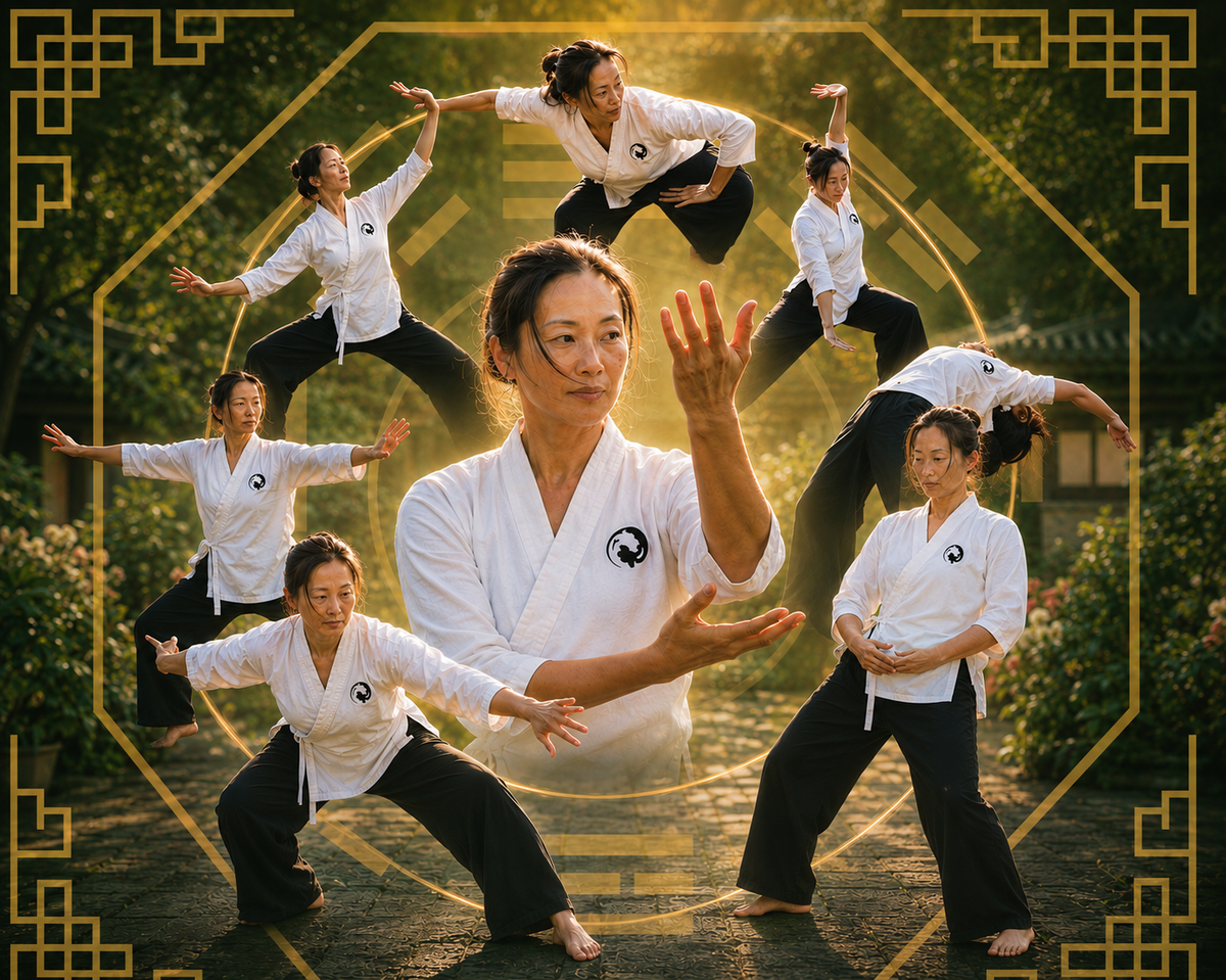 A group of martial arts practitioners in white and black uniforms pose dynamically in a garden setting, with a central woman in a white martial arts robe and black pants. The image features a composite layout with a gold geometric border and warm golden hour lighting.