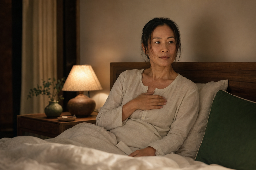 Woman awake at night in soft lamplight