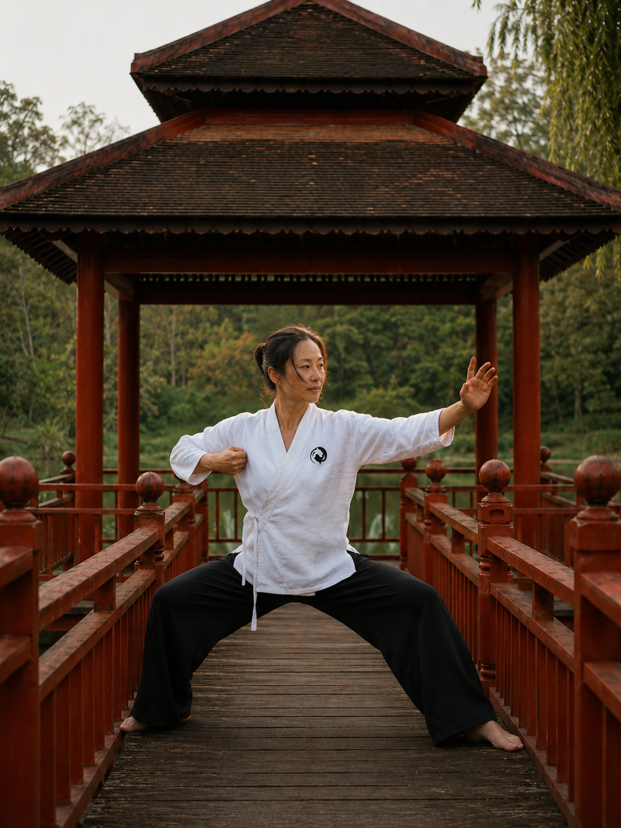 Woman practicing the Ba Duan Jin "Drawing the Bow" posture during the Body (Jing) level of Qigong training in Vietnam
