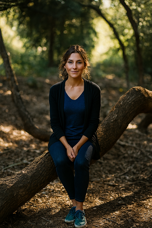 Woman sitting on a tree branch in a forest