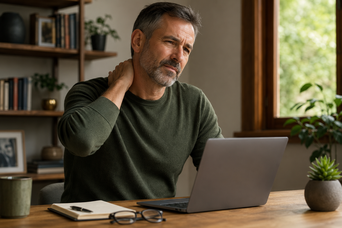 Man rubbing his neck after hours at a laptop