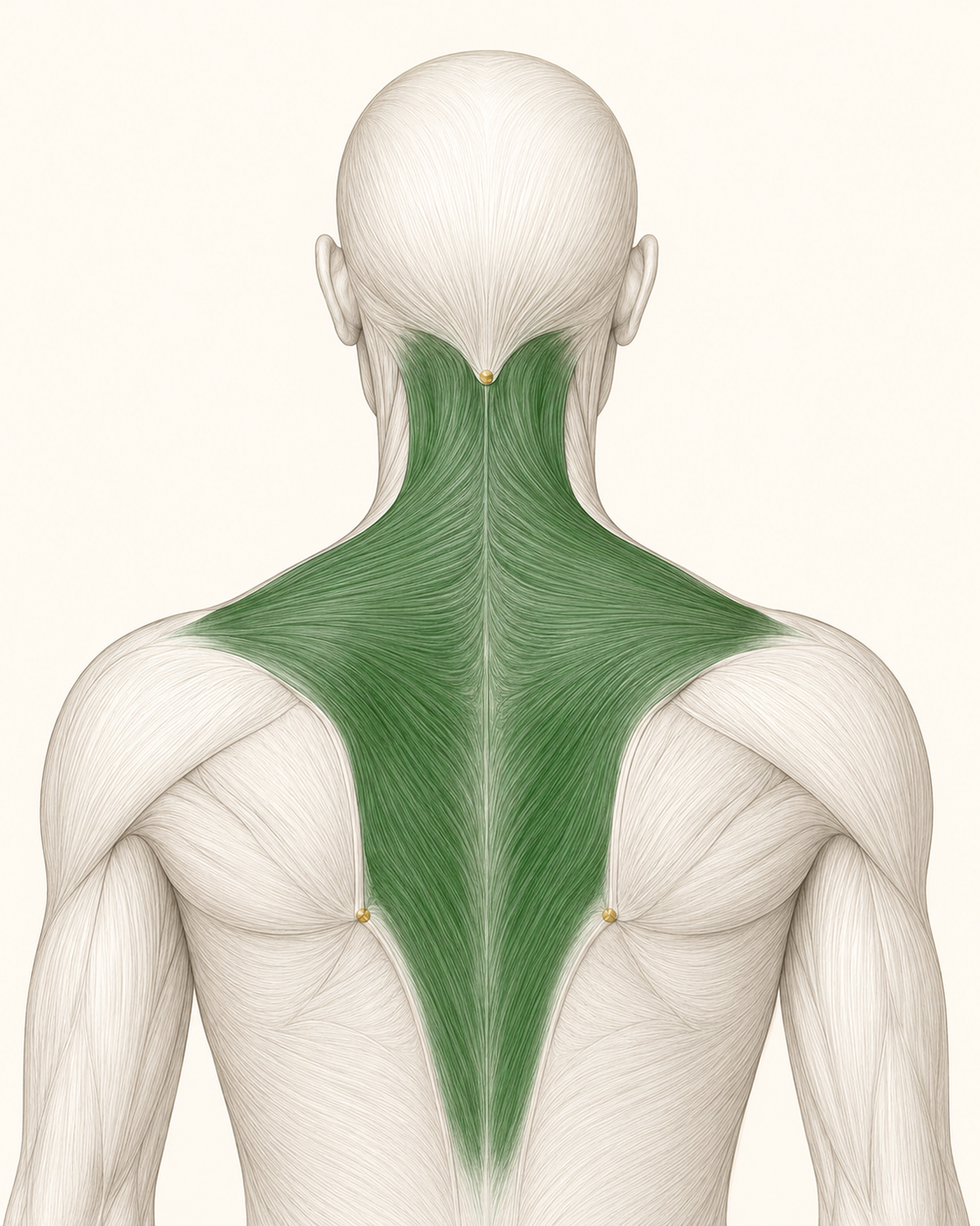 Anatomy of the neck and upper back: the trapezius and its fascia highlighted in green, the tissue this practice retrains