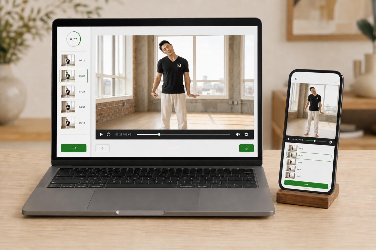 The course playing on laptop and phone: self-paced follow-along video lessons on any device