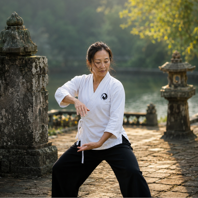 Person in martial arts attire practicing in a scenic outdoor setting with stone structures and greenery.