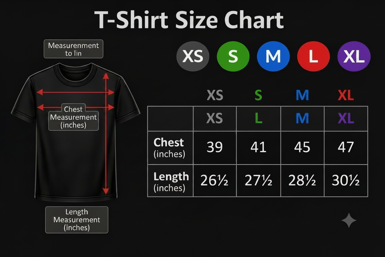 T-shirt size chart graphic with a black T-shirt illustration showing chest and length measurement arrows, size labels XS through XL, and a measurement table on a dark background.