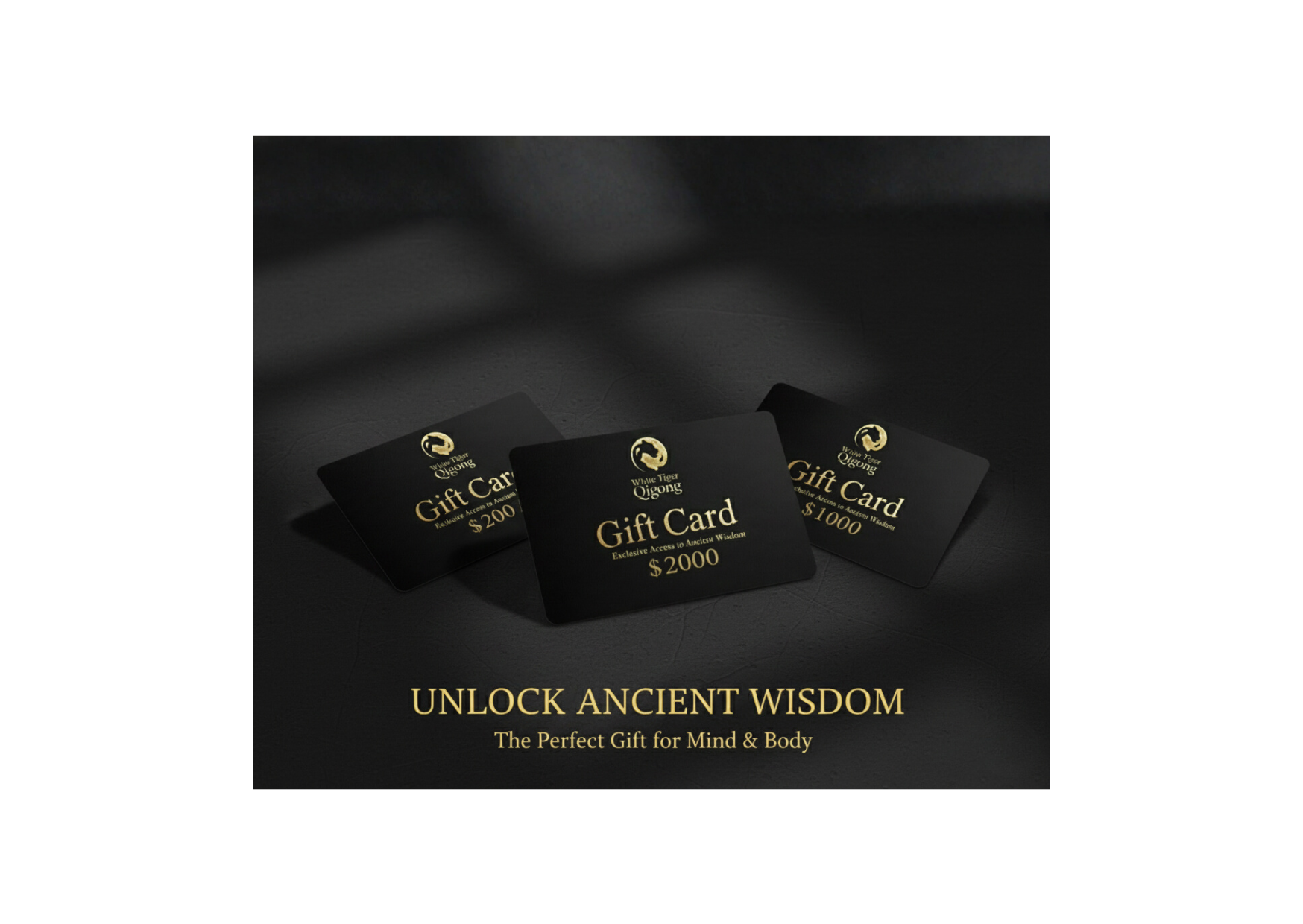 Three black gift cards with gold text on a dark background, featuring the text 'Unlock Ancient Wisdom'.