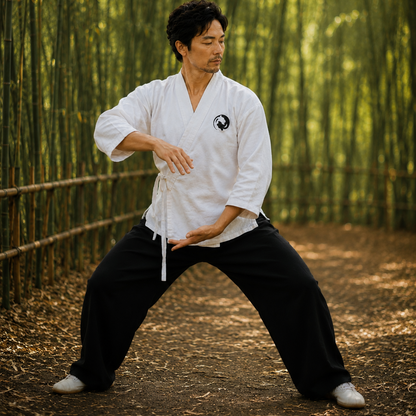 A man in a white martial arts gi and black pants poses in a wide stance on a dirt path surrounded by a dense green bamboo forest.