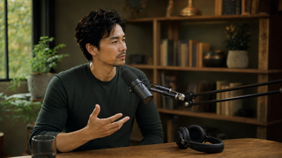 A man in a dark long-sleeve shirt sits at a wooden table in a cozy room with bookshelves, speaking into a studio microphone with over-ear headphones resting on the table.