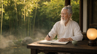 An elderly man with a long white beard sits at a wooden table writing in a notebook, wearing a white traditional robe. He is positioned in a serene indoor setting with a bamboo garden visible in the background, a glowing table lamp on the right, and a small green cup on the table.