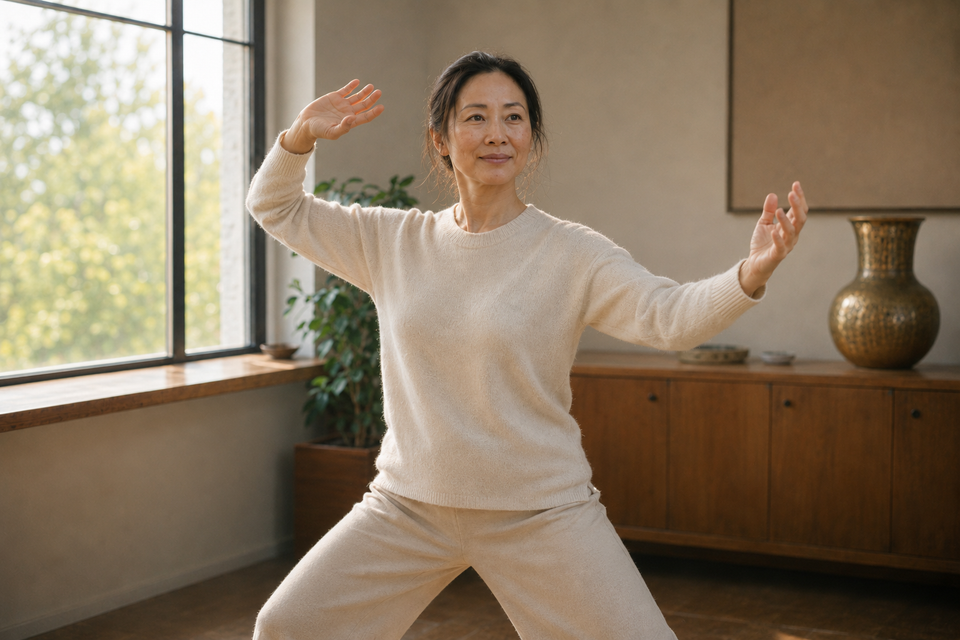 The same woman mid gentle qigong breathing movement, shoulders down and settled