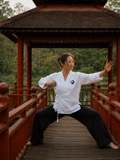 Woman practicing the Ba Duan Jin "Drawing the Bow" posture during the Body (Jing) level of Qigong training in Vietnam