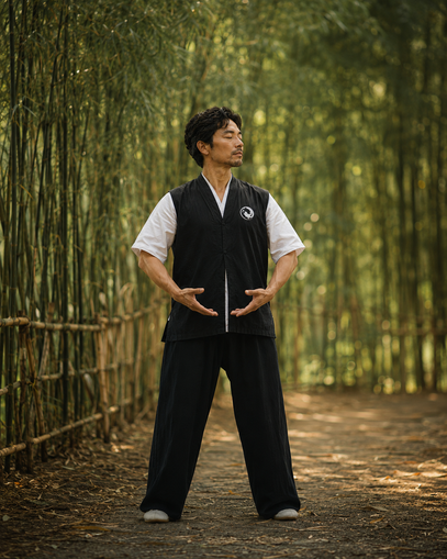 Male Qigong practitioner gathering Qi in a breathing posture during the Breath (Qi) level of Ba Duan Jin training
