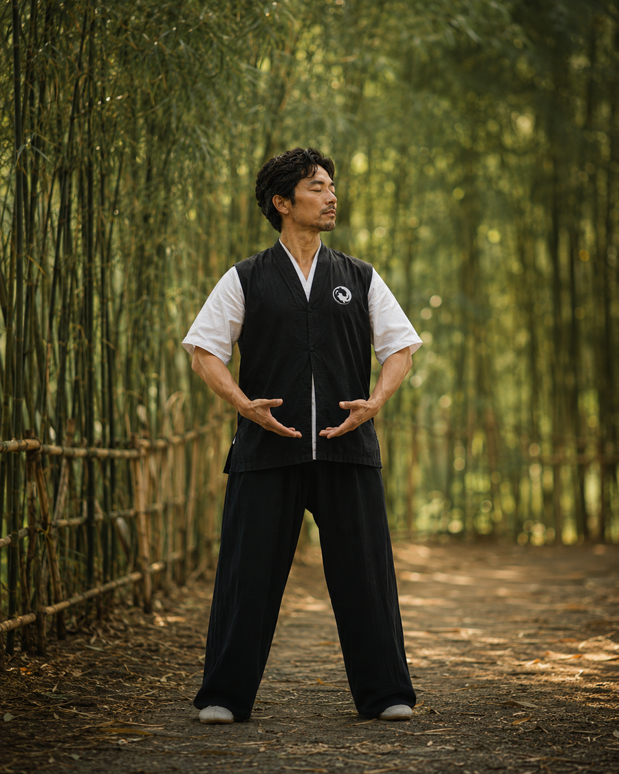 Male Qigong practitioner gathering Qi in a breathing posture during the Breath (Qi) level of Ba Duan Jin training
