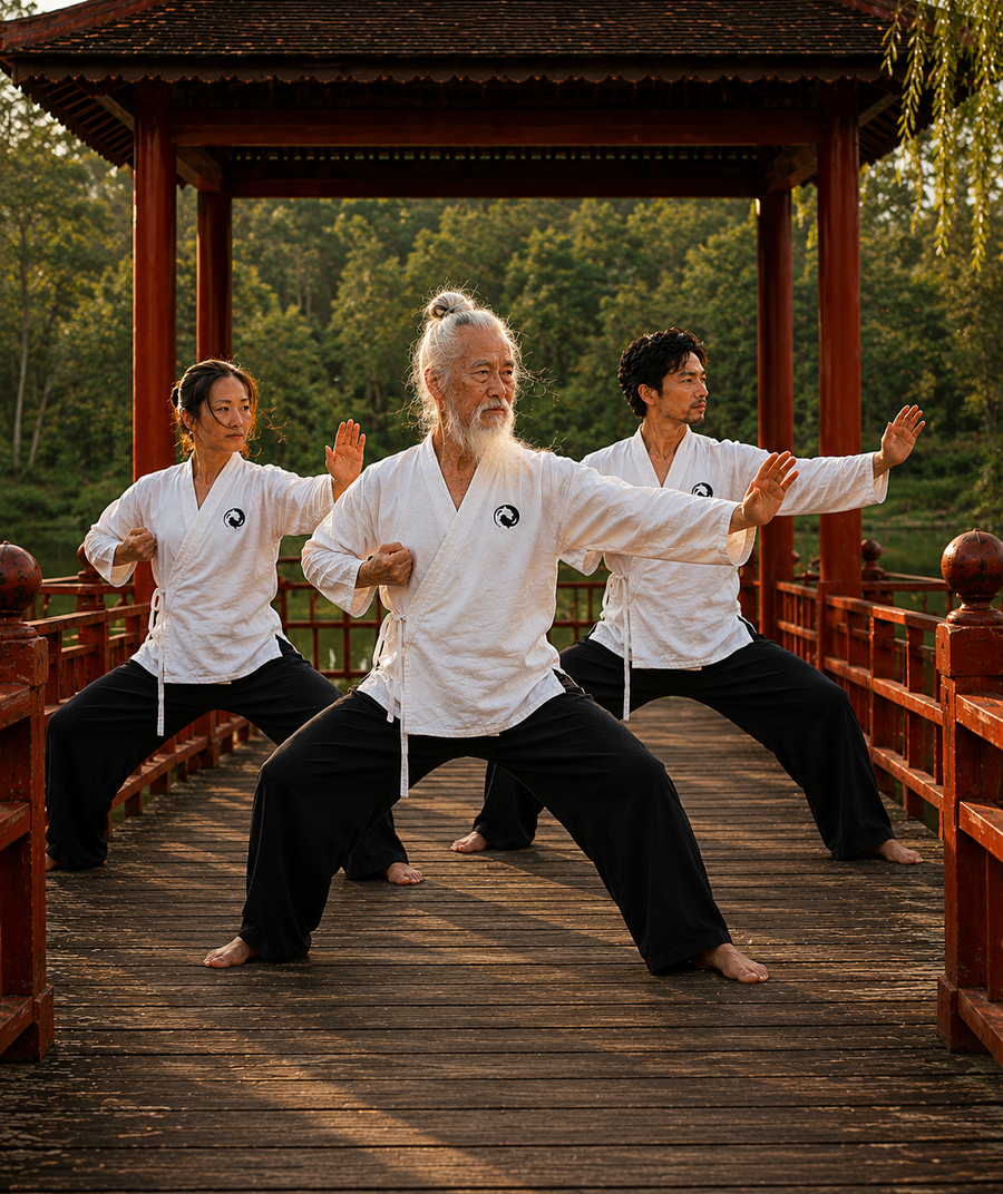 Qigong master guiding two students in Ba Duan Jin during the Teacher Training certification level in Vietnam