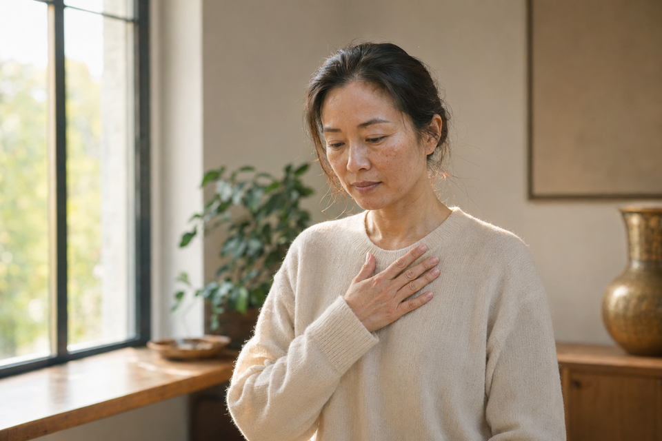 Woman standing by a window with her hand resting on her chest, quietly overwhelmed