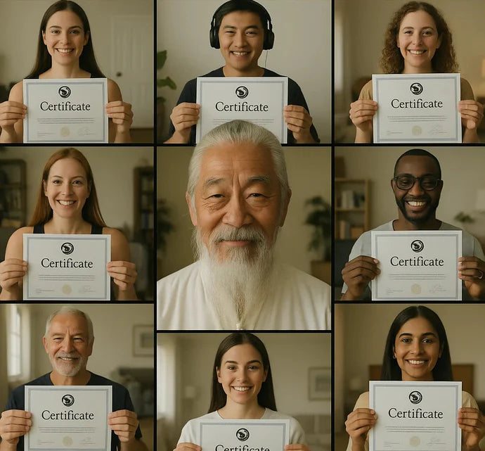 Grid of people holding certificates with a warm indoor setting