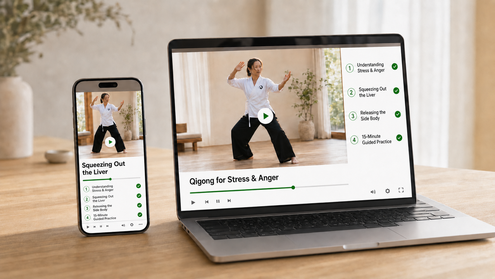 Qigong for Stress and Anger course playing on a laptop and phone, showing the lesson list