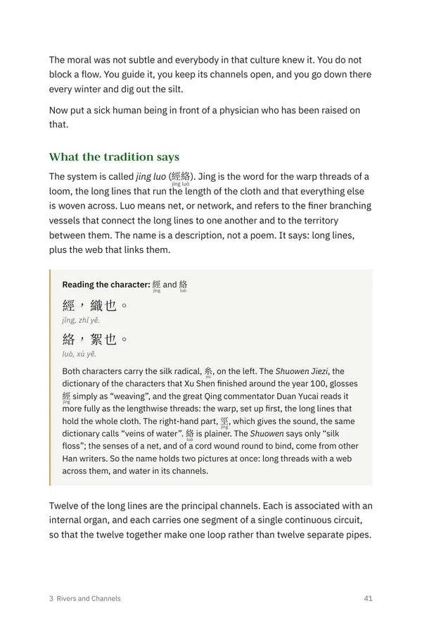 Page 41: a Reading the character box on jing luo, with the Chinese and pinyin