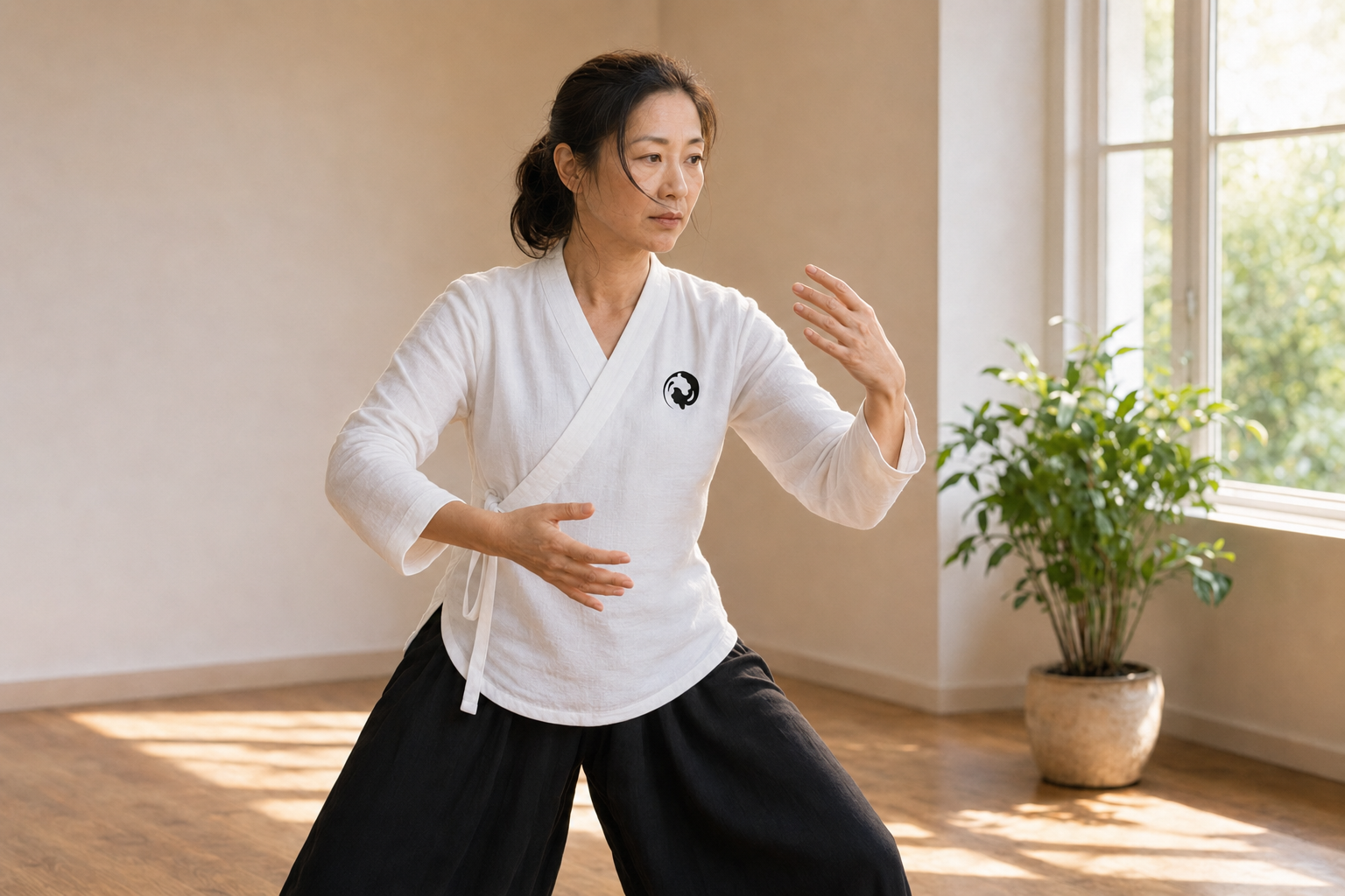 Practitioner moving through the Wood-element practice, hands guiding energy at the side body