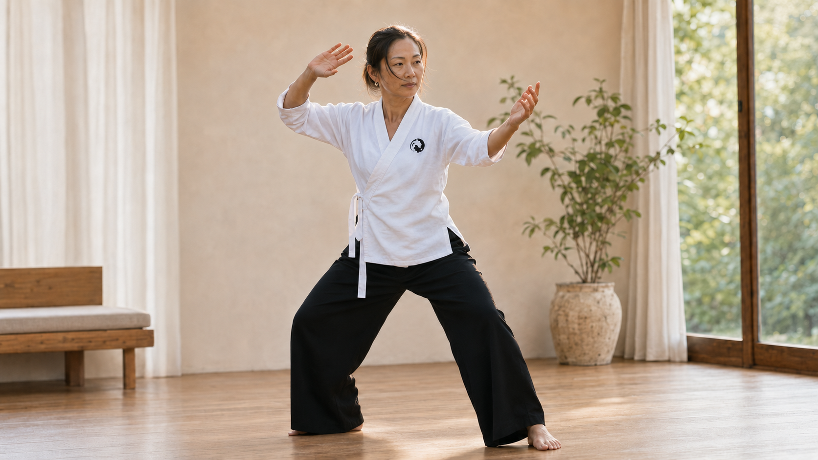 Practitioner in a grounded qigong stance moving through a slow release, in a bright studio