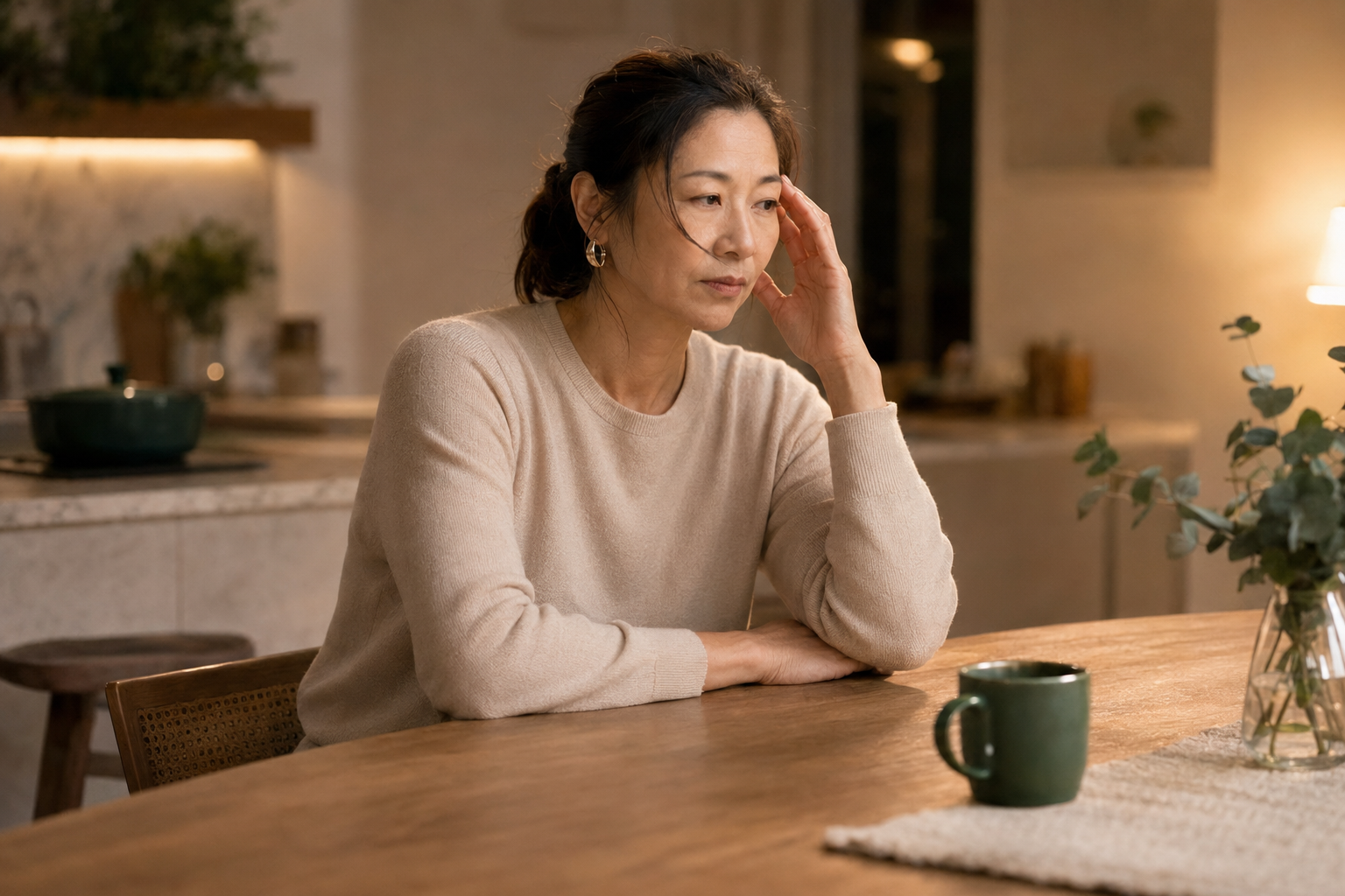 A woman sitting alone at her kitchen table in the evening, shoulders tight and lost in thought