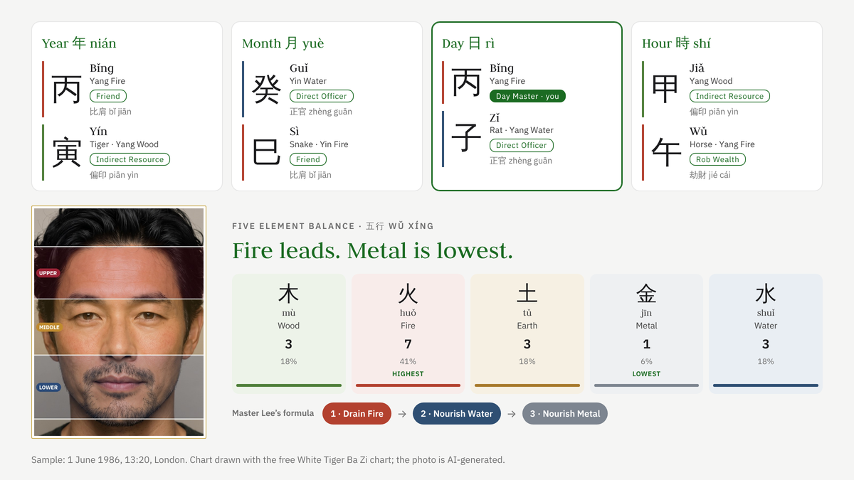 Sample Ba Zi chart and face reading: the four pillars, the face read in three zones, the five-element balance and Master Lee's formula