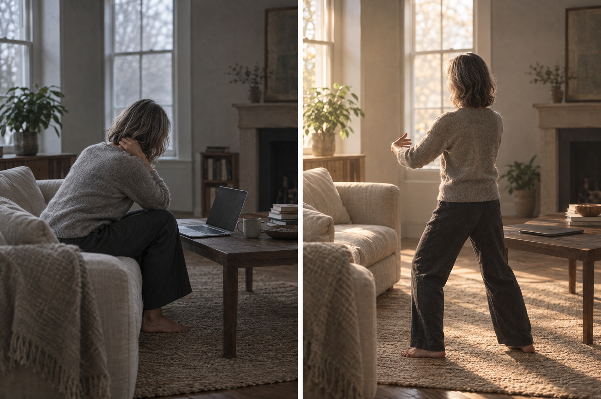 Before: a woman hunched over her laptop on the sofa, rubbing her stiff neck. After: the same woman standing tall in a calm qigong posture in the morning light.